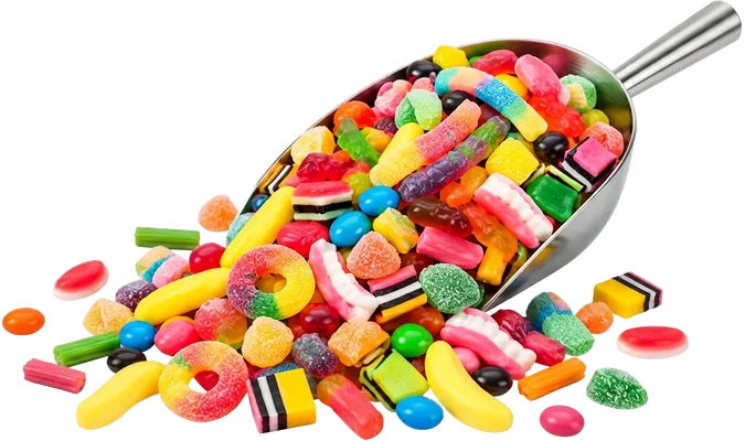 A metal scoop of colourful lollies spilling out