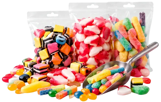 Three clear pouches of lollies — liquorice allsorts, pink-and-white gummies and mixed sour gummies — with loose sweets spilled in front and a metal scoop filled with jelly beans