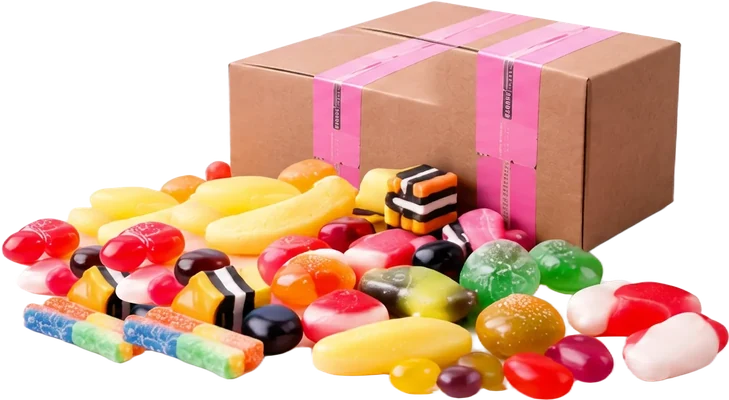 A cardboard parcel sealed with pink tape, surrounded by a spill of colourful lollies