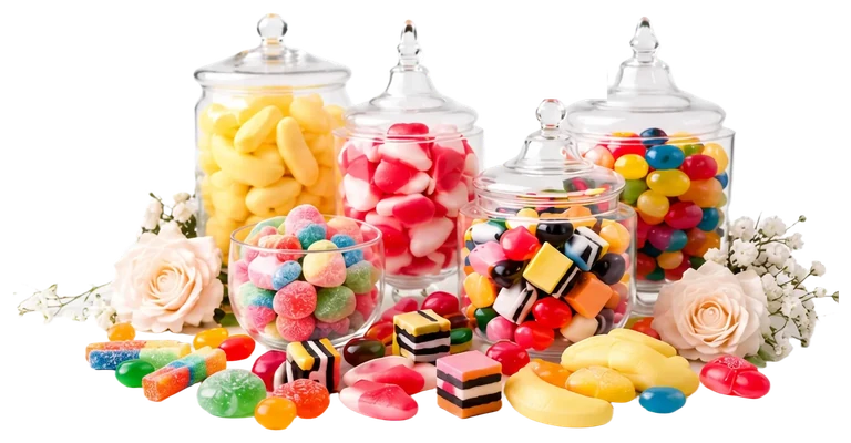 Four glass jars and a stemless glass bowl filled with banana candies, pink-and-white heart gummies, sugar-coated bonbons, liquorice allsorts and jelly beans, with cream roses and baby's breath and loose sweets scattered in front