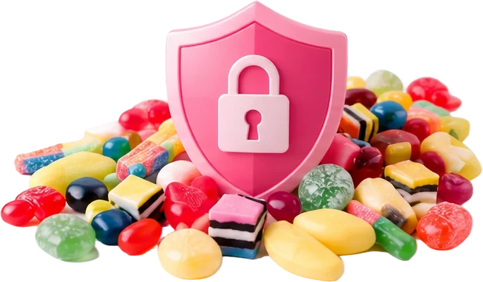 A pink security shield with a padlock, surrounded by colourful lollies