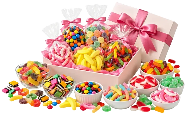 An open ivory gift box lined with pink tissue paper holding four tied cellophane bags of lollies and a glass bowl of banana candies, its pink-ribboned lid standing behind, with glass bowls and white ramekins of sweets and loose candies spread in front