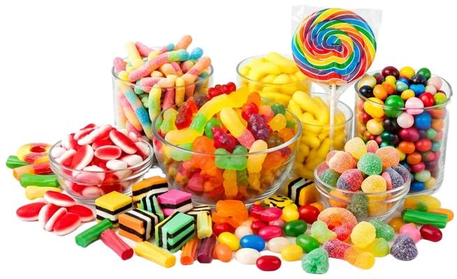 Glass bowls and tumblers filled with gummy bears, sour worms, banana candies and jelly beans, with a rainbow swirl lollipop and loose sweets scattered in front