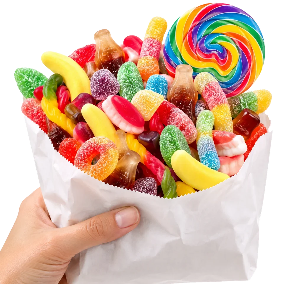 Bouquet containing a bunch of colourful assortment of lollies